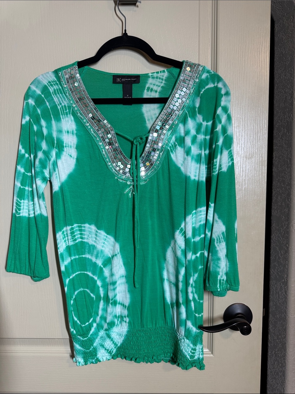 Green Tie-Dye Embellished V-Neck Women’s Top Size P